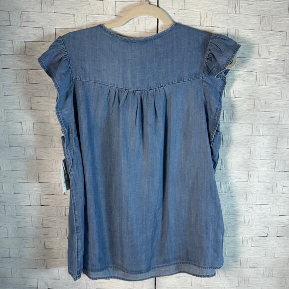 Time & true lightweight denim blouse flutter sleeve peasant bohemian summer - Picture 2 of 9